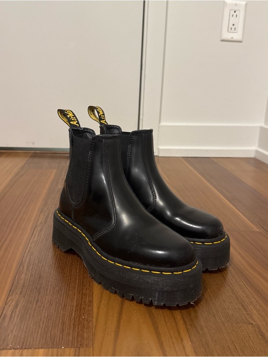 Dr. Martens Shoes - Dr. Martens Black Leather Platform Chelsea Boots with Yellow Stitching